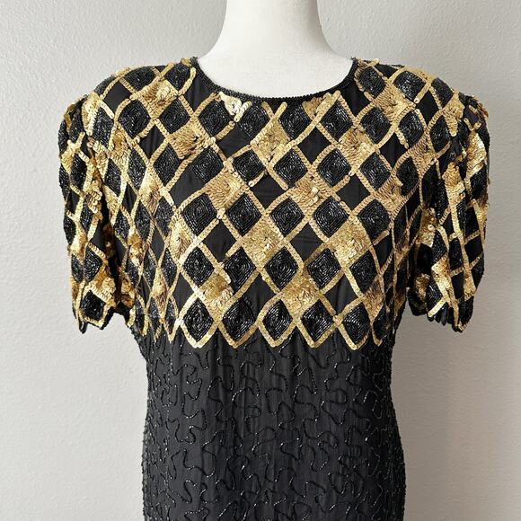 Laurence Kazar Gold Sequin Argyle Black Beaded Silk Evening Gown Women’s Size XL - Picture 2 of 15